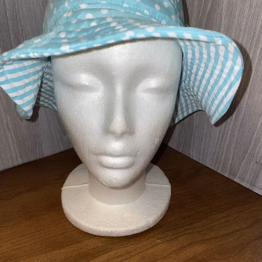 Girl’s Women’s Light Blue Polka Dot/Stripe Floppy Sun Hat Light Reversible
